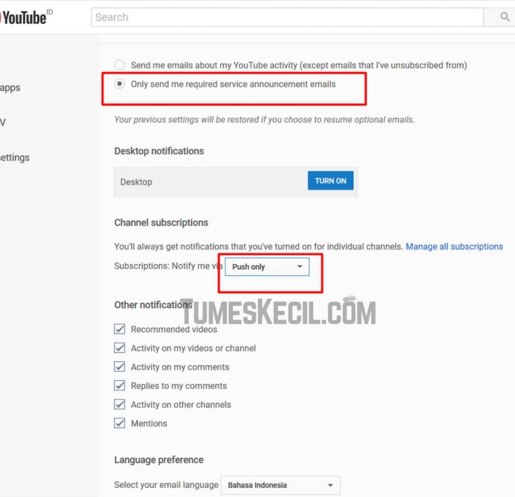 cara agar notif youtube tidak masuk ke email melalui browser hp